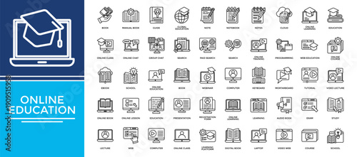 Online Education icon set collection. Containing notes, teaching, lecture, lesson, write, exam, report .Line vector icons collection