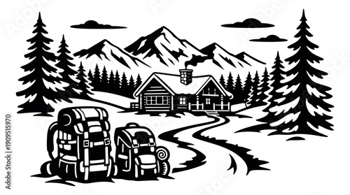 Monochrome line art illustration of a mountain cabin scene depicting wilderness adventure for outdoor tourism