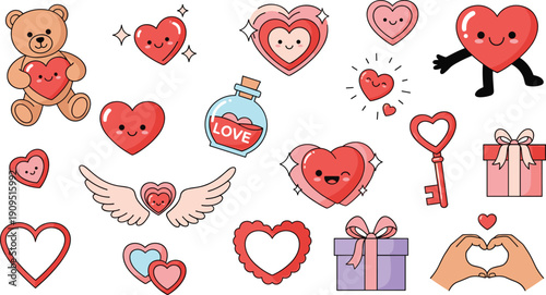Cute kawaii Valentine Day vector illustrations with smiling hearts teddy bear love potion and gifts for romantic holiday sticker design