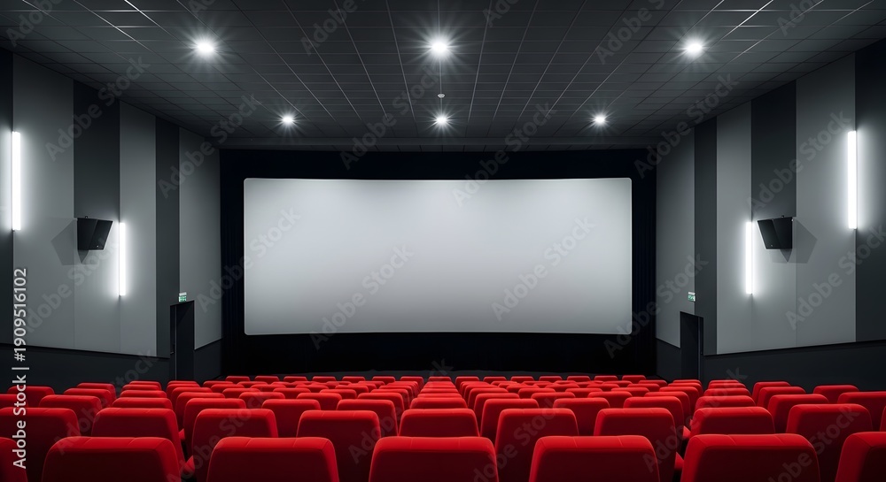 Fototapeta premium A modern movie theater with a large white screen and rows of red seats