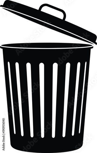 Black trash can icon with open lid isolated on transparent background for waste management