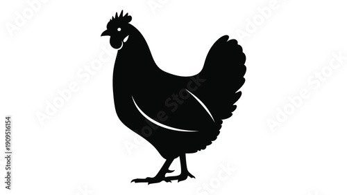 A black silhouette of a rooster standing on one leg with its tail feathers spread isolated on white background, Vector