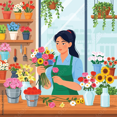 Woman arranging colorful bouquet flowers.