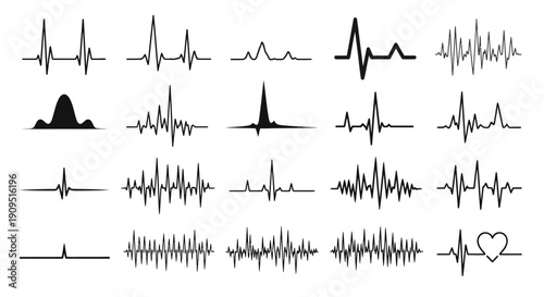 Collection of various heartbeat and sound wave patterns in black, eps vector illustration, medical, technology, signal
