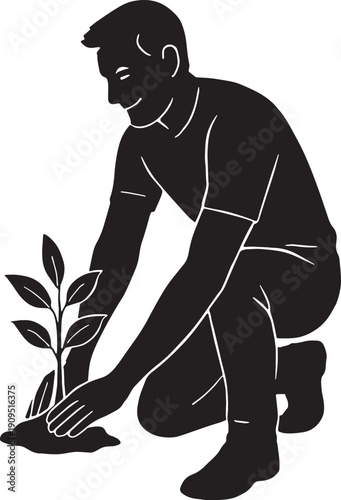 A Man try to put a plant on earth with smile .in black and white silhouette vector with transparent background 