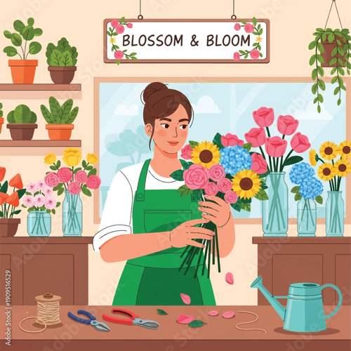 Woman arranging colorful fresh cut flowers.
