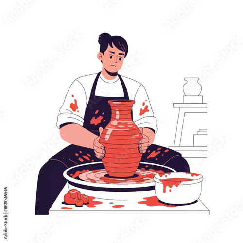 Woman creating pottery on wheel.