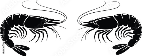 Black shrimp silhouette vector illustration, mirrored prawn seafood design, marine crustacean clipart isolated on white background, minimal flat graphic style