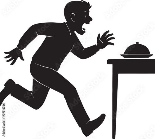 A Hungry man run towards the food stole in black and white silhouette vector with transparent background 