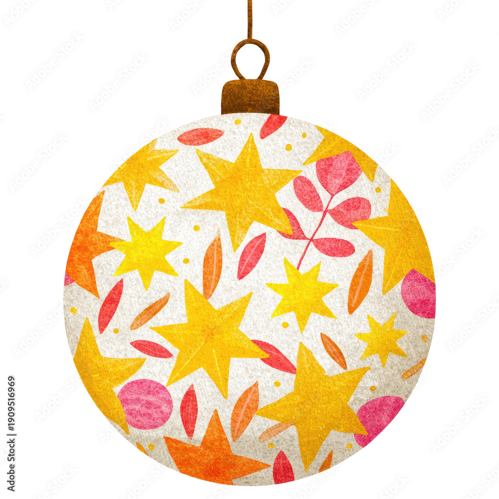 Fototapeta premium A hanging Christmas bauble, white with orange, gold stars, leaves, and pink accents