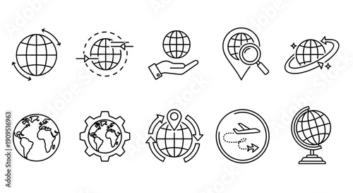 Global connections and navigation icons representing travel, geography, and exploration in a minimalist line art style
