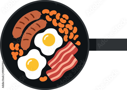 Traditional English Breakfast Illustration with Eggs, Bacon, Sausages, and Beans in Frying Pan