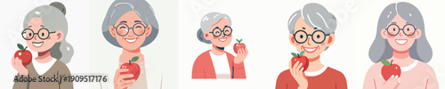 Vector Illustration of a Elderly Woman Eating an Apple