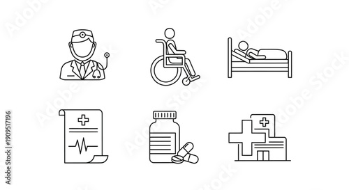 Medical Icons Set Illustrating Healthcare Professionals and Patient Care in Various Settings