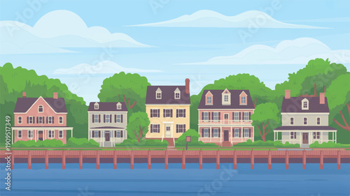 A stylized illustration of a waterfront colonial-style neighborhood with five historic buildings in a row (4)_traced