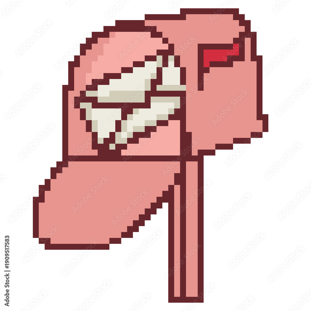 Fototapeta premium Pink mailbox with letter pixel art icon for communication or news