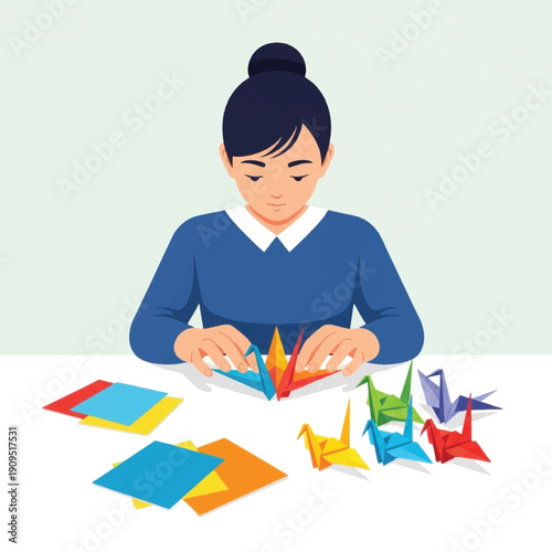 Woman making origami paper crane craft.