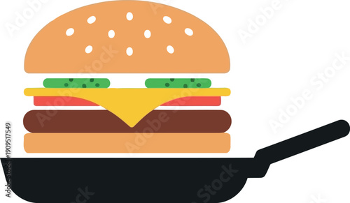 Vector Illustration of Cheeseburger with Lettuce and Cheese in Frying Pan Isolated on White Background