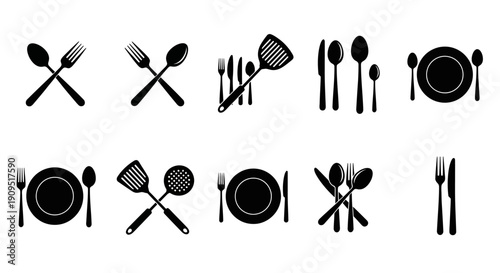 Collection of various cutlery and dinnerware silhouettes on a white background, original eps (218).eps
