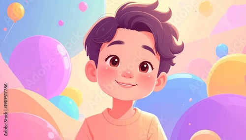 Cartoon Boy Portrait with Balloons and Pastel Background.