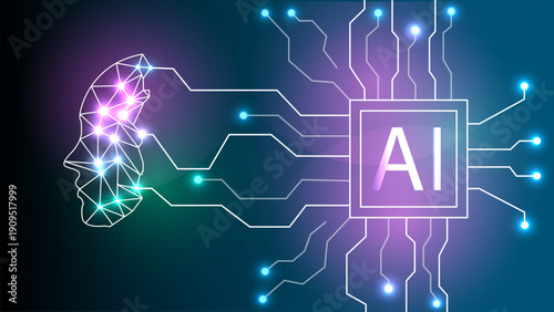 Artificial Intelligence Human Face with Neural Network and Processor Vector Illustration
