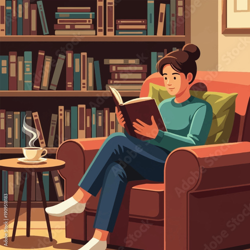Woman sitting on couch reading book.