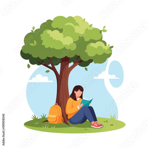 Woman sitting under tree reading book.