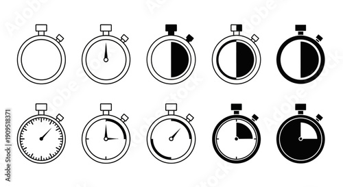 Collection of stopwatch icons in various states of timer activation displayed on a clean white background