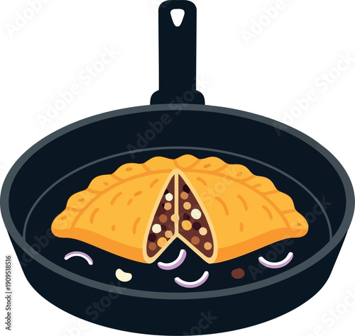 Delicious Meat Empanada in Frying Pan with Onions, Traditional Savory Pastry Illustration