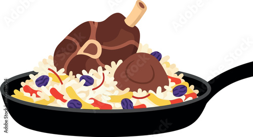 Traditional Lamb Pilaf in Pan Vector Illustration – Rice, Meat, Spices, Colorful Garnish, Isolated on White