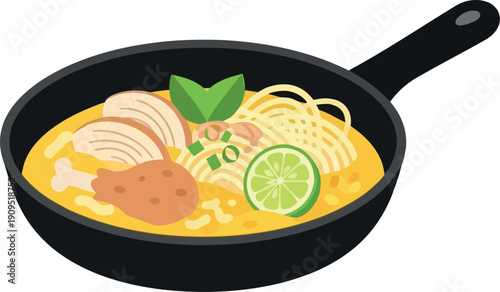 Vector Illustration of Chicken Ramen Noodle Soup with Lime and Herbs in Black Pan