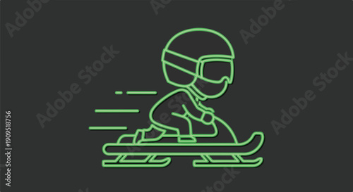 Neon green outline illustration of a person sledding down a hill, conveying speed and winter fun