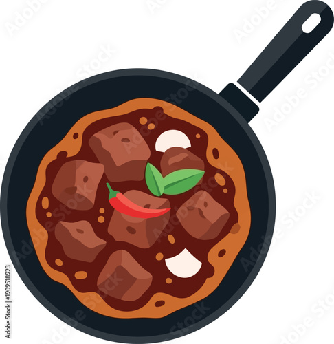 Vector Illustration of Beef Stew in Pan with Herbs and Chili Pepper, Traditional Comfort Food Icon