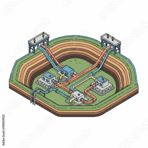 Isometric illustration of a pumped hydro storage facility with water flow.