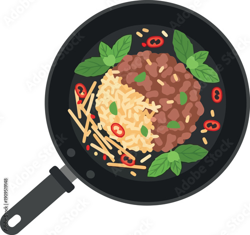 Vector Illustration of Thai Basil Minced Pork with Rice and Chili in Frying Pan, Asian Street Food Concept