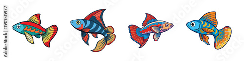 Colorful Guppy Fish Set, Swimming in Water, Flat Design Vector Illustration