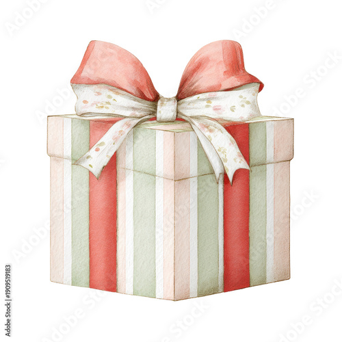 Watercolor illustration of a striped present box tied with a two-toned ribbon and bow