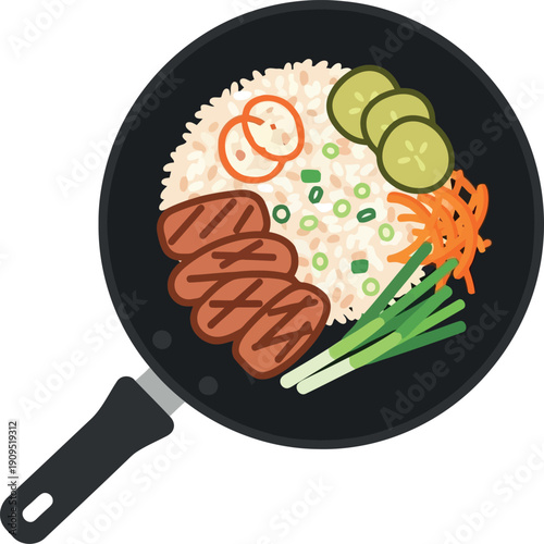 Vector Illustration of Korean Bibimbap with Grilled Beef, Rice, Vegetables in Black Pan