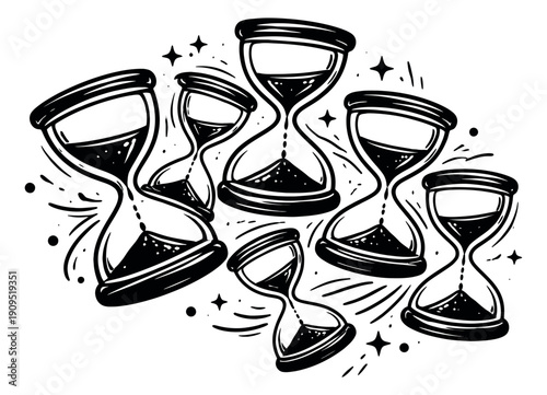 Hand drawn line art hourglass set featuring varying sizes and falling sand for concepts of time and deadlines
