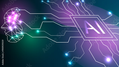 Machine Learning Concept with Human Face and AI Processor Chip Vector Illustration