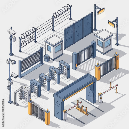 Isometric illustration of a secure facility entrance with multiple gates and security booths.