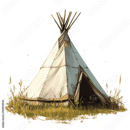 A digital painting or illustration depicts a small teepee-style tent situated in a grassy meadow against a white background