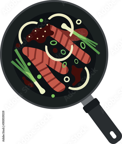 Vector Illustration of Korean Bulgogi Beef Stir Fry in Pan with Vegetables and Sauce
