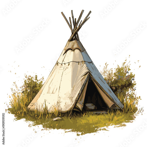A digital painting or illustration depicts a small teepee-style tent situated in a grassy meadow against a white background