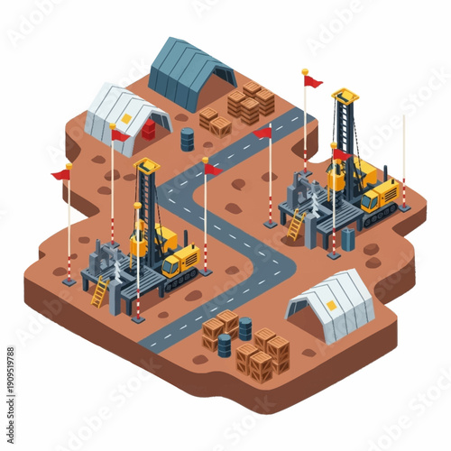 Isometric illustration of an oil drilling site with equipment and infrastructure.