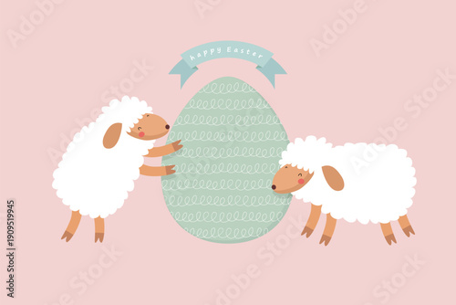 Easter Holidays Vector Card With Two Sheep And Big Egg. White Lambs With Green Egg On a Pastel Pink Background. Funny Hand Drawn Easter Illustration With Cute Lambs.