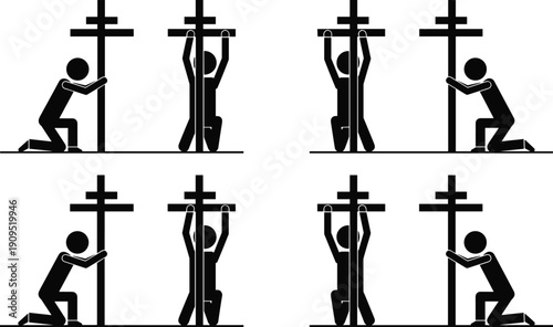 Christian Cross Prayer Silhouette Collection Vector Illustration Man Kneeling Worship Faith Religious Black and White Set
