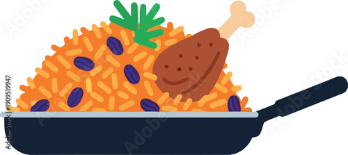 Colorful Jollof Rice with Chicken Drumstick and Beans in Pan Vector Illustration