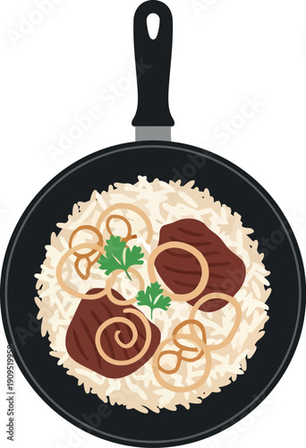 Traditional Hyderabadi Mutton Biryani in Frying Pan Vector Illustration – Indian Cuisine Concept Art