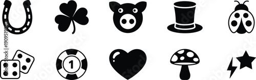 Luck and casino icon set, black silhouette symbols collection with horseshoe clover pig dice heart mushroom and star, vector illustration isolated